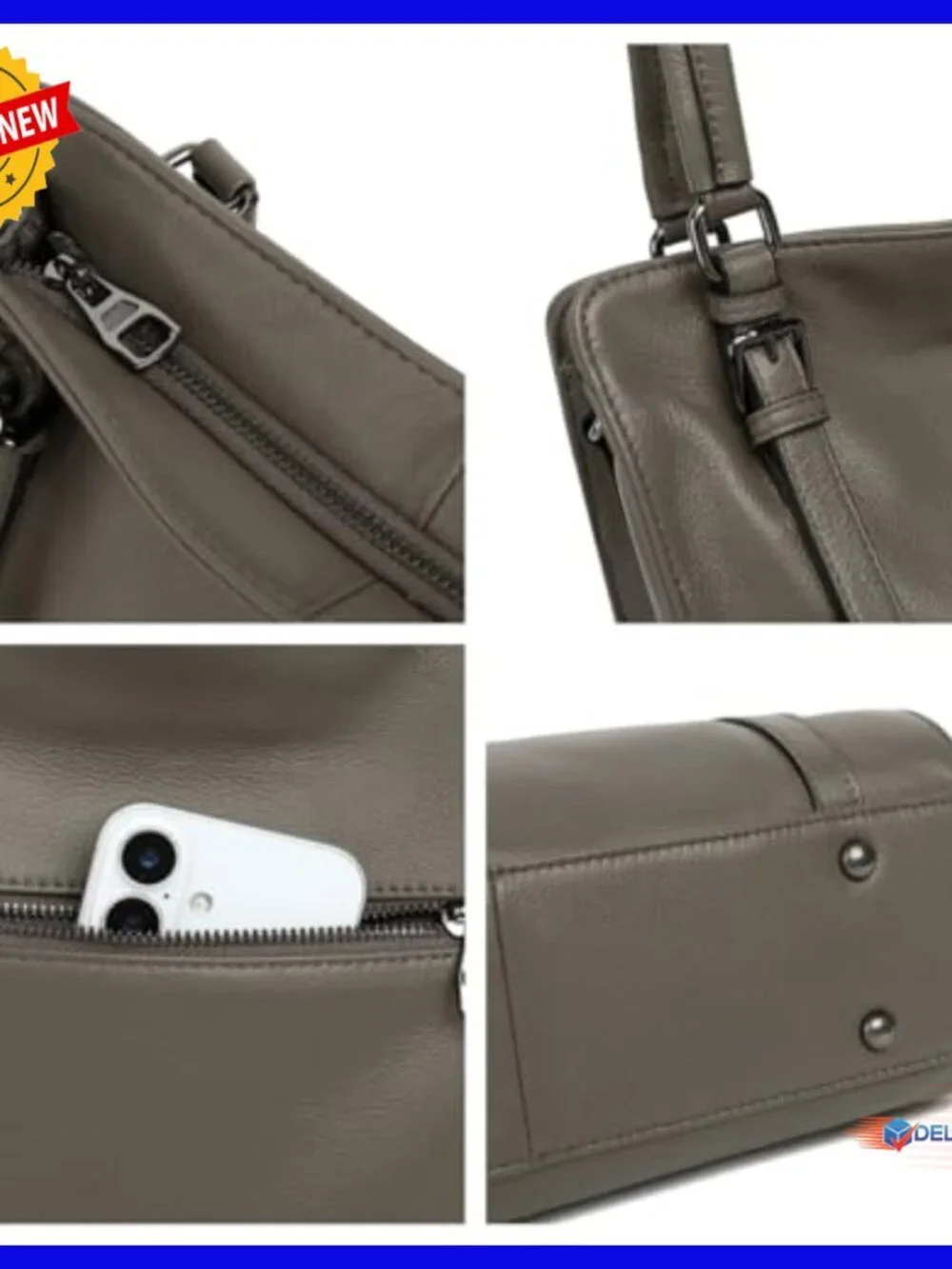 Genuine Leather Hobo Bag with Adjustable Strap, Multiple Pockets